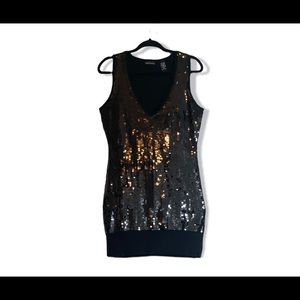 Womens Moda International Black Sequin V Neck Sleeveless Pencil Dress Size M